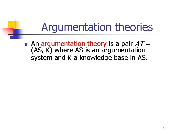 Argumentation theories n An argumentation theory is a pair AT = (AS, K) where