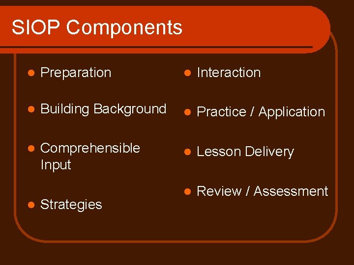 SIOP Components l Preparation l Interaction l Building Background l Practice / Application l