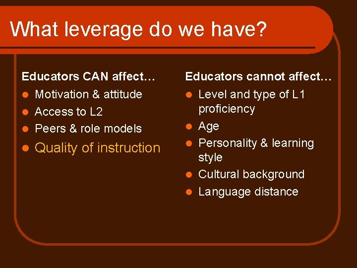 What leverage do we have? Educators CAN affect… Educators cannot affect… Motivation & attitude
