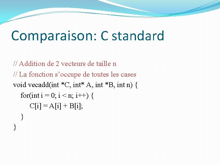 Comparaison: C standard // Addition de 2 vecteurs de taille n // La fonction