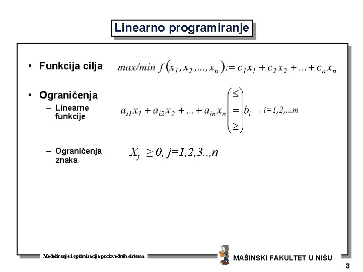 Linearno programiranje • Funkcija cilja • Ograničenja – Linearne funkcije – Ograničenja znaka ,