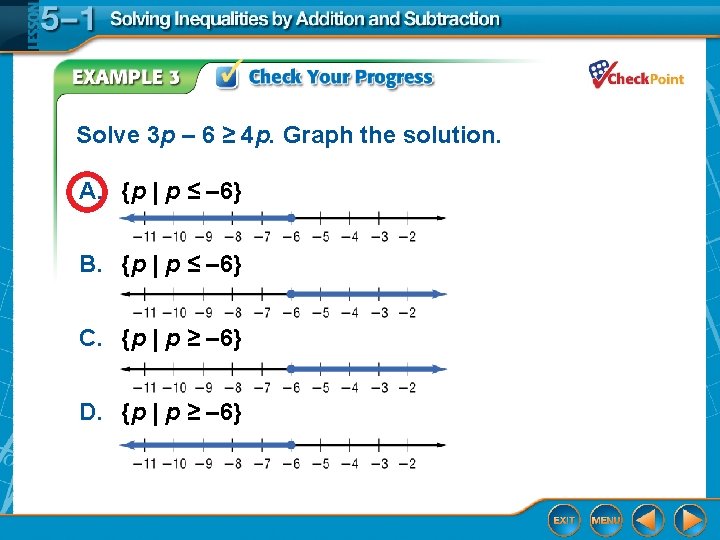 Solve 3 p – 6 ≥ 4 p. Graph the solution. A. {p |