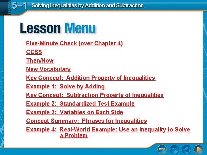 Five-Minute Check (over Chapter 4) CCSS Then/Now New Vocabulary Key Concept: Addition Property of