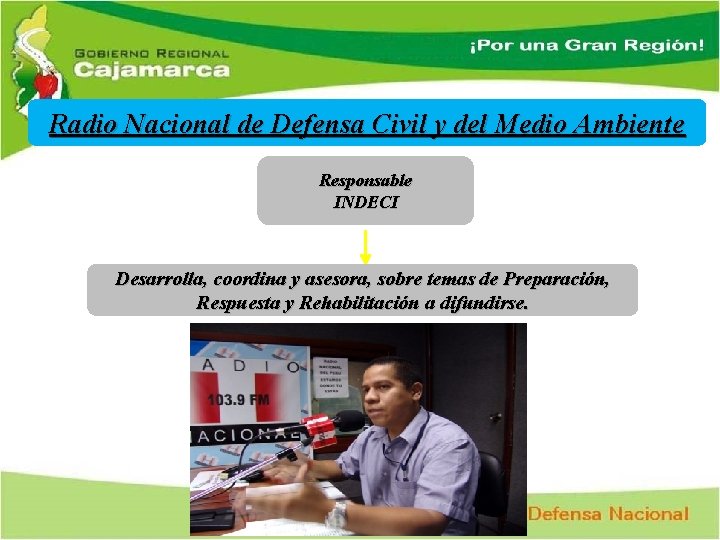 Radio Nacional de Defensa Civil y del Medio Ambiente Responsable INDECI Desarrolla, coordina y
