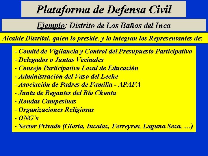 Plataforma de Defensa Civil Ejemplo: Distrito de Los Baños del Inca Alcalde Distrital, quien