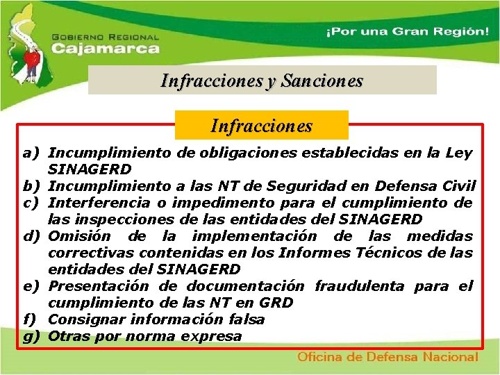 Infracciones y Sanciones Infracciones a) Incumplimiento de obligaciones establecidas en la Ley SINAGERD b)