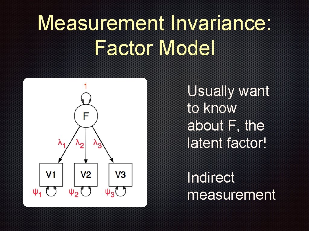 Measurement Invariance: Factor Model Usually want to know about F, the latent factor! Indirect