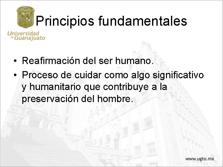 Principios fundamentales • Reafirmación del ser humano. • Proceso de cuidar como algo significativo Principios fundamentales • Reafirmación del ser humano. • Proceso de cuidar como algo significativo