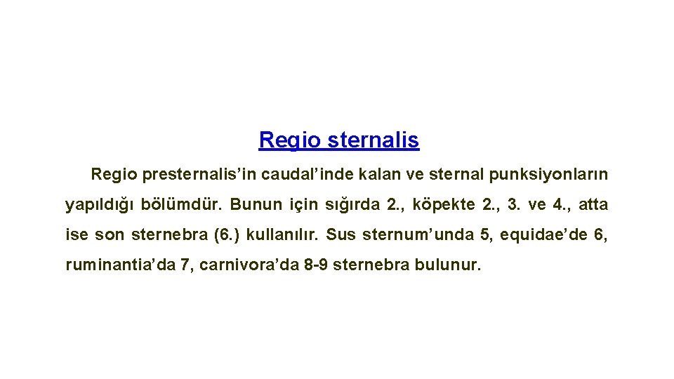 Regio sternalis Regio presternalis’in caudal’inde kalan ve sternal punksiyonların yapıldığı bölümdür. Bunun için sığırda