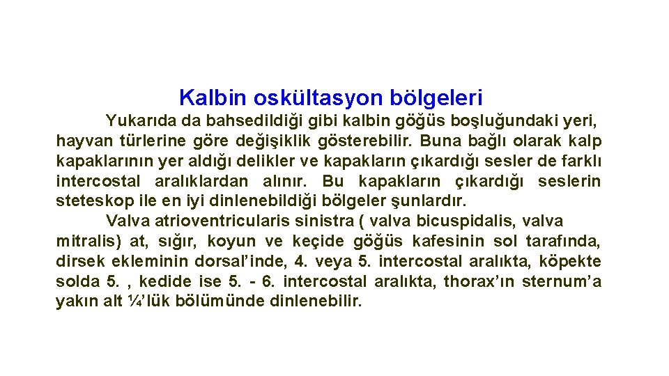 Kalbin oskültasyon bölgeleri Yukarıda da bahsedildiği gibi kalbin göğüs boşluğundaki yeri, hayvan türlerine göre