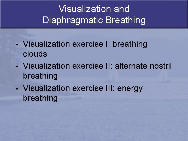 Visualization and Diaphragmatic Breathing • • • Visualization exercise I: breathing clouds Visualization exercise