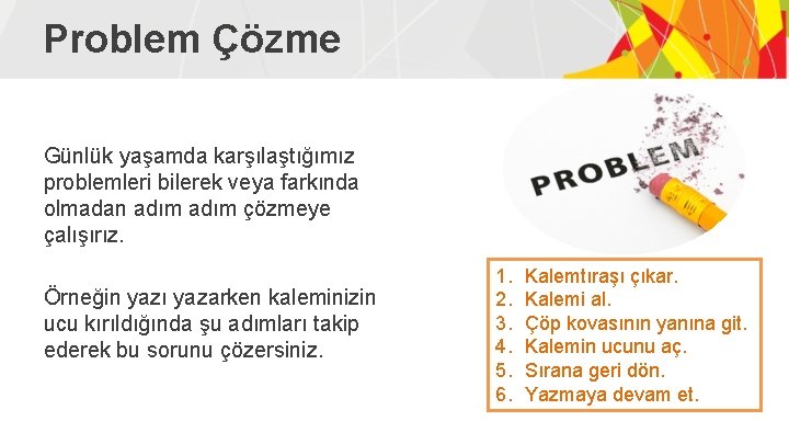 Problem Çözme Günlük yaşamda karşılaştığımız problemleri bilerek veya farkında olmadan adım çözmeye çalışırız. Örneğin