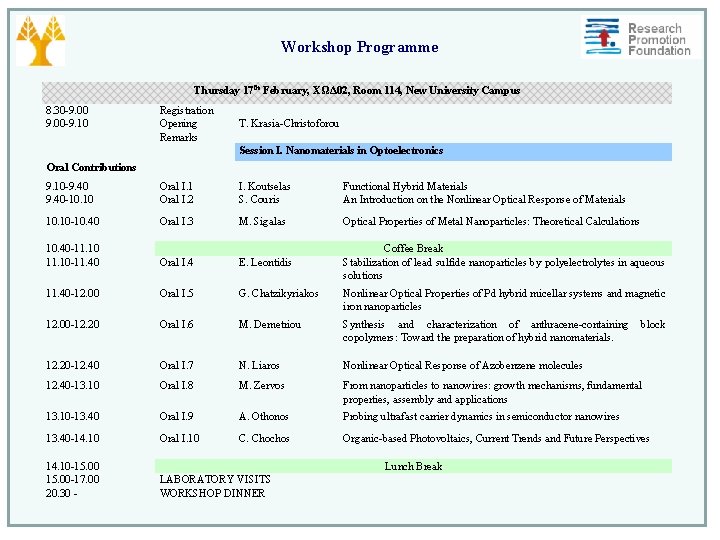 Workshop Programme Thursday 17 th February, ΧΩΔ 02, Room 114, New University Campus 8.