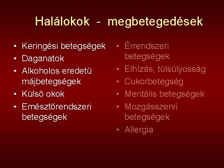 Halálokok - megbetegedések • Keringési betegségek • Daganatok • Alkoholos eredetű májbetegségek • Külső