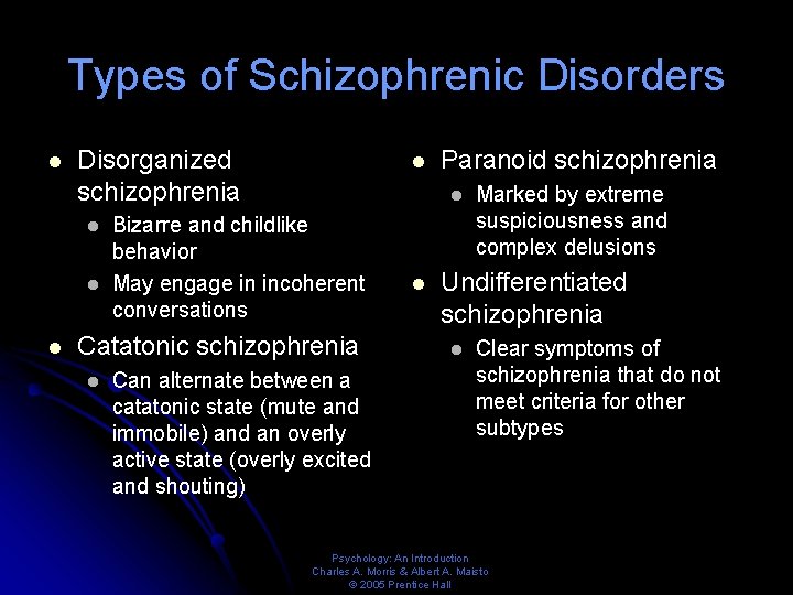 Types of Schizophrenic Disorders l Disorganized schizophrenia l l l Bizarre and childlike behavior