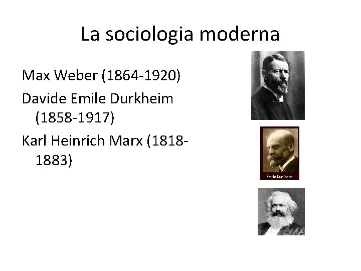 La sociologia moderna Max Weber (1864 -1920) Davide Emile Durkheim (1858 -1917) Karl Heinrich