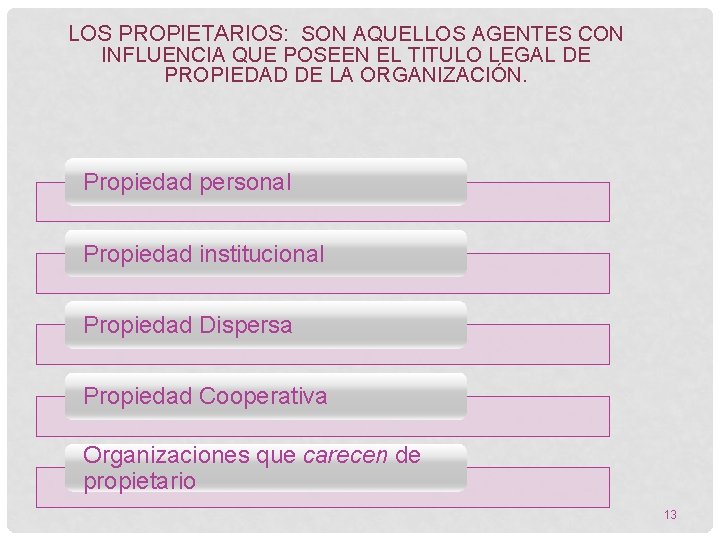 LOS PROPIETARIOS: SON AQUELLOS AGENTES CON INFLUENCIA QUE POSEEN EL TITULO LEGAL DE PROPIEDAD