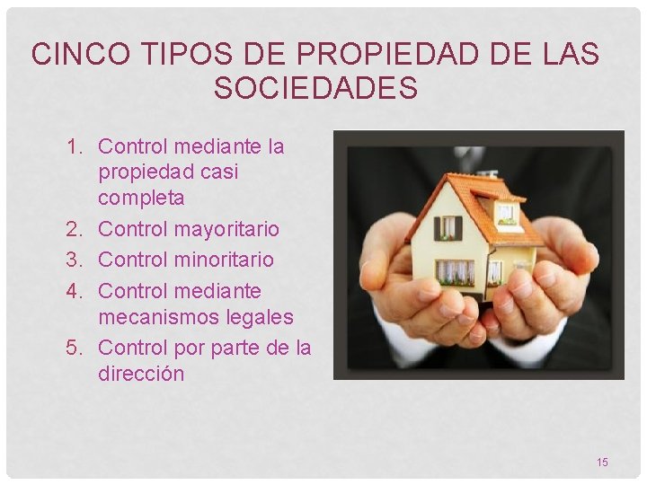 CINCO TIPOS DE PROPIEDAD DE LAS SOCIEDADES 1. Control mediante la propiedad casi completa