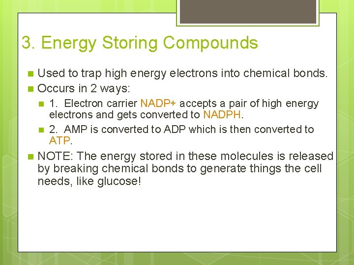 3. Energy Storing Compounds n n Used to trap high energy electrons into chemical