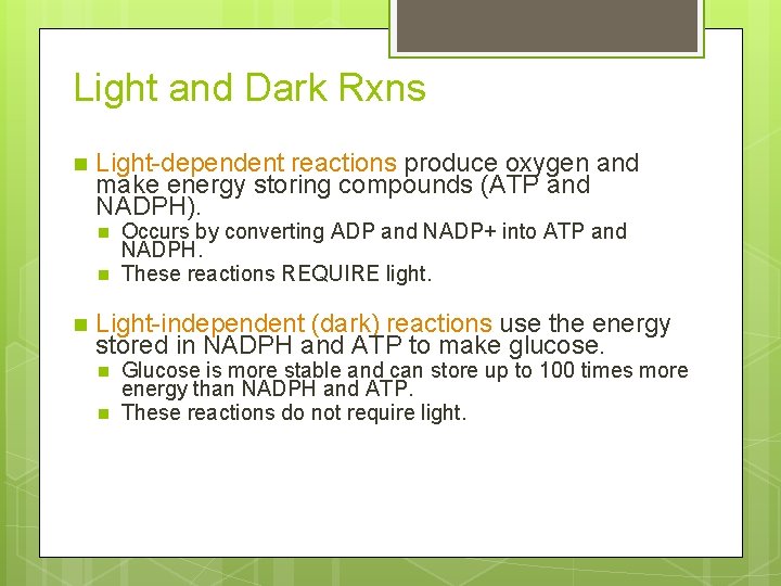 Light and Dark Rxns n Light-dependent reactions produce oxygen and make energy storing compounds