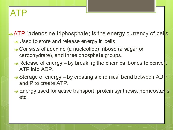 ATP (adenosine triphosphate) is the energy currency of cells. Used to store and release