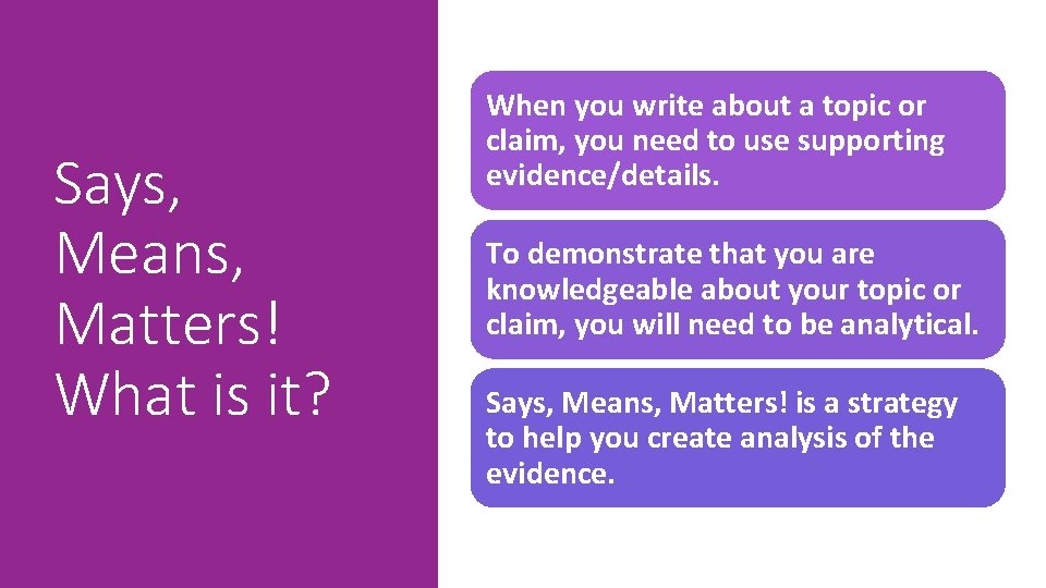 Says, Means, Matters! What is it? When you write about a topic or claim,