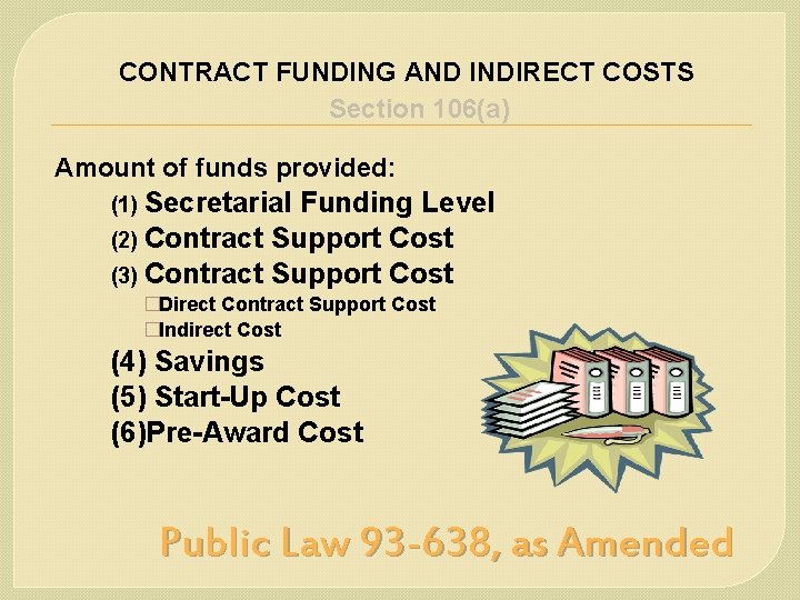CONTRACT FUNDING AND INDIRECT COSTS Section 106(a) Amount of funds provided: (1) Secretarial Funding