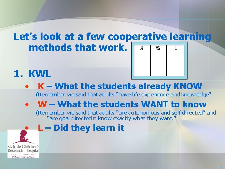 Let’s look at a few cooperative learning methods that work. 1. KWL • K