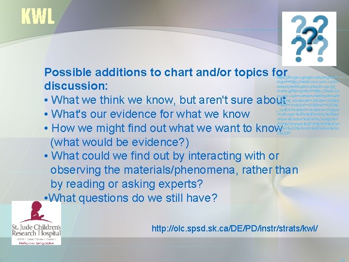 KWL Possible additions to chart and/or topics for discussion: • What we think we