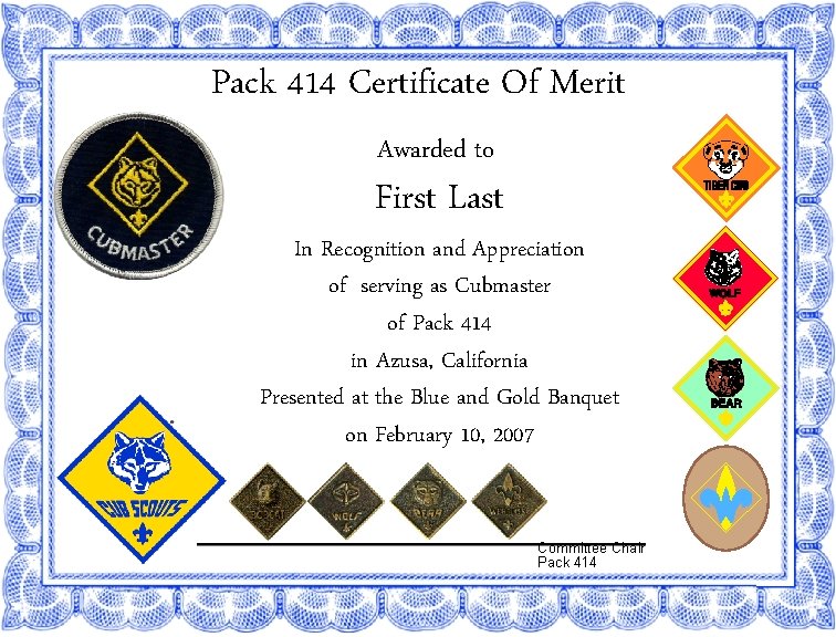 Pack 414 Certificate Of Merit Awarded to First Last In Recognition and Appreciation of