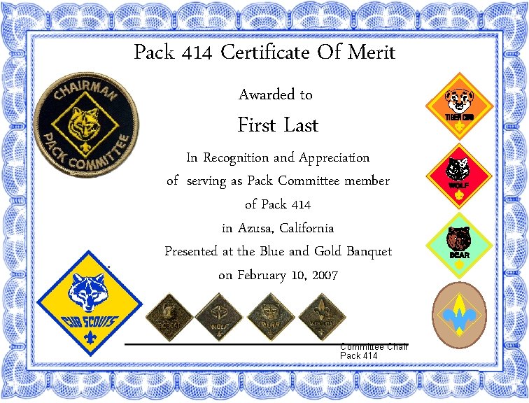 Pack 414 Certificate Of Merit Awarded to First Last In Recognition and Appreciation of