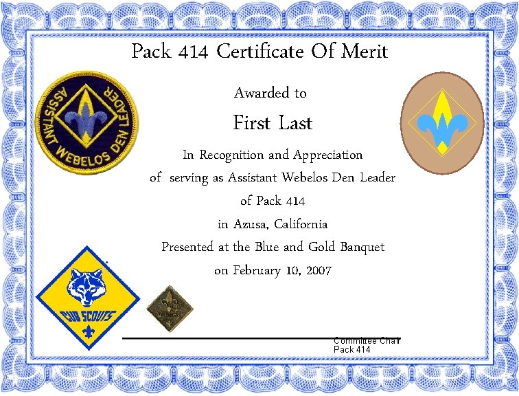 Pack 414 Certificate Of Merit Awarded to First Last In Recognition and Appreciation of