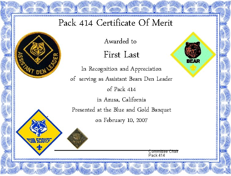 Pack 414 Certificate Of Merit Awarded to First Last In Recognition and Appreciation of