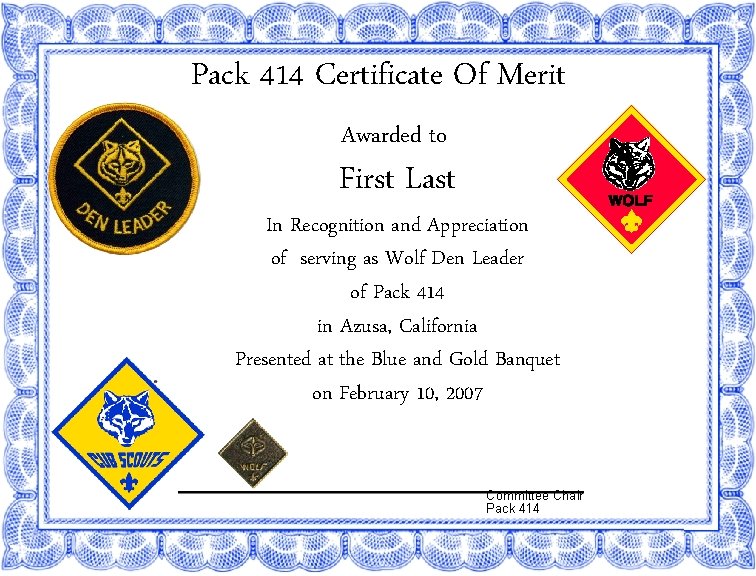 Pack 414 Certificate Of Merit Awarded to First Last In Recognition and Appreciation of