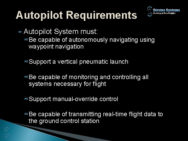 Autopilot Requirements ∞ Autopilot System must: ∞Be capable of autonomously navigating using waypoint navigation
