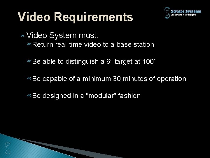 Video Requirements ∞ Video System must: ∞Return real-time video to a base station ∞Be