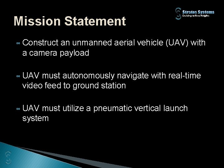 Mission Statement ∞ Construct an unmanned aerial vehicle (UAV) with a camera payload ∞