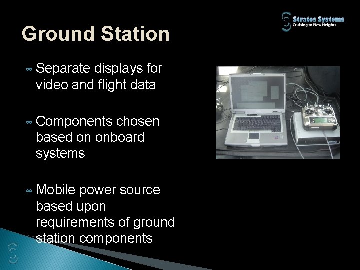 Ground Station ∞ Separate displays for video and flight data ∞ Components chosen based