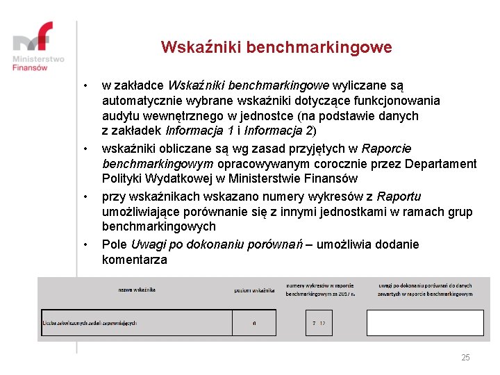 Wskaźniki benchmarkingowe • • w zakładce Wskaźniki benchmarkingowe wyliczane są automatycznie wybrane wskaźniki dotyczące