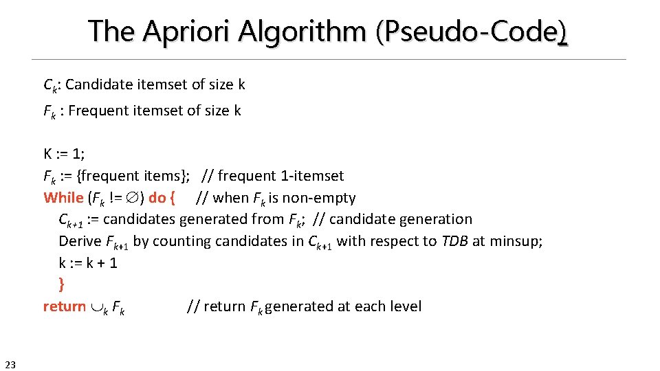 The Apriori Algorithm (Pseudo-Code) Ck: Candidate itemset of size k Fk : Frequent itemset