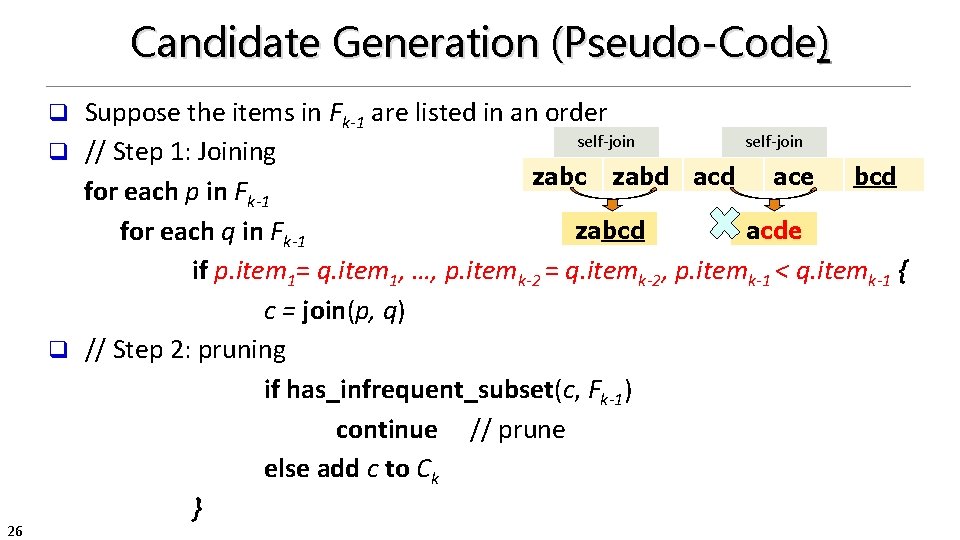 Candidate Generation (Pseudo-Code) Suppose the items in Fk-1 are listed in an order self-join