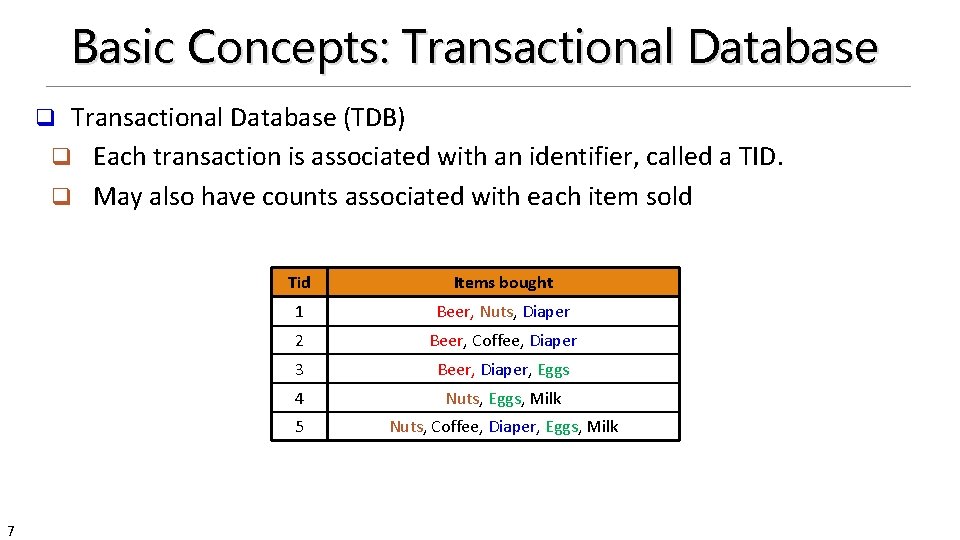 Basic Concepts: Transactional Database (TDB) q Each transaction is associated with an identifier, called