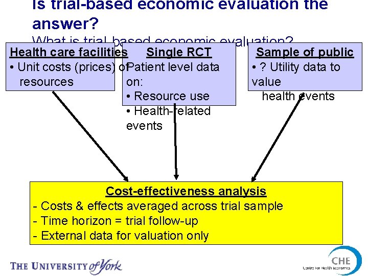 Is trial-based economic evaluation the answer? What is trial-based economic evaluation? Health care facilities