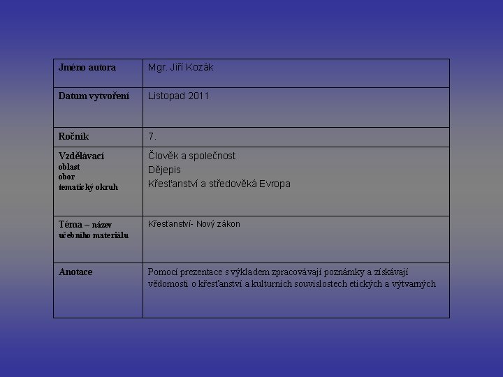 Jméno autora Mgr. Jiří Kozák Datum vytvoření Listopad 2011 Ročník 7. Vzdělávací oblast obor