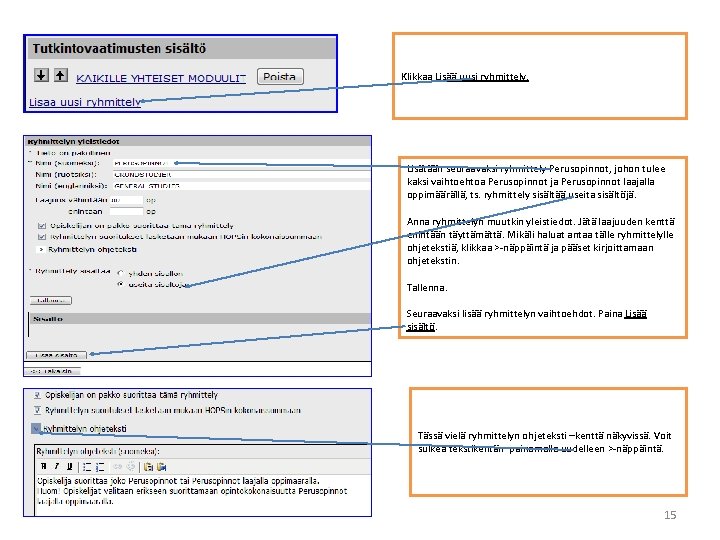 Klikkaa Lisää uusi ryhmittely. Lisätään seuraavaksi ryhmittely Perusopinnot, johon tulee kaksi vaihtoehtoa Perusopinnot ja