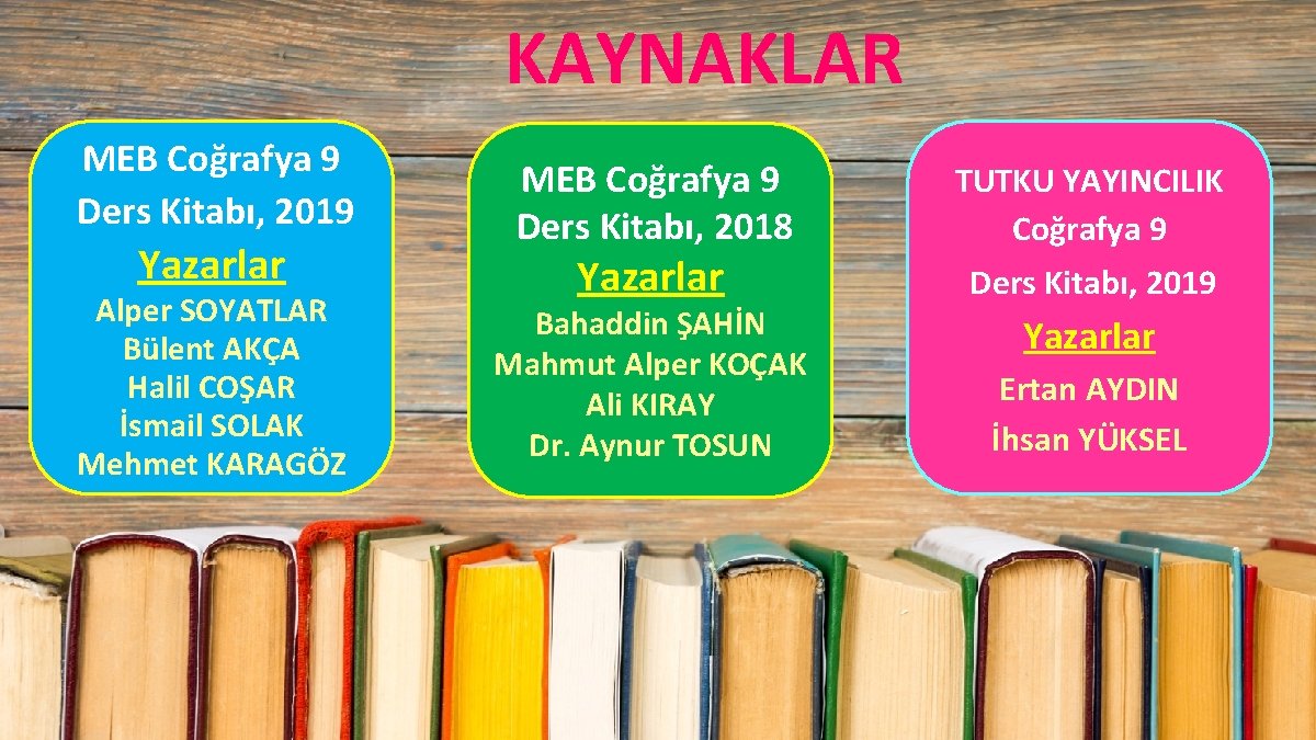 KAYNAKLAR MEB Coğrafya 9 Ders Kitabı, 2019 Yazarlar Alper SOYATLAR Bülent AKÇA Halil COŞAR