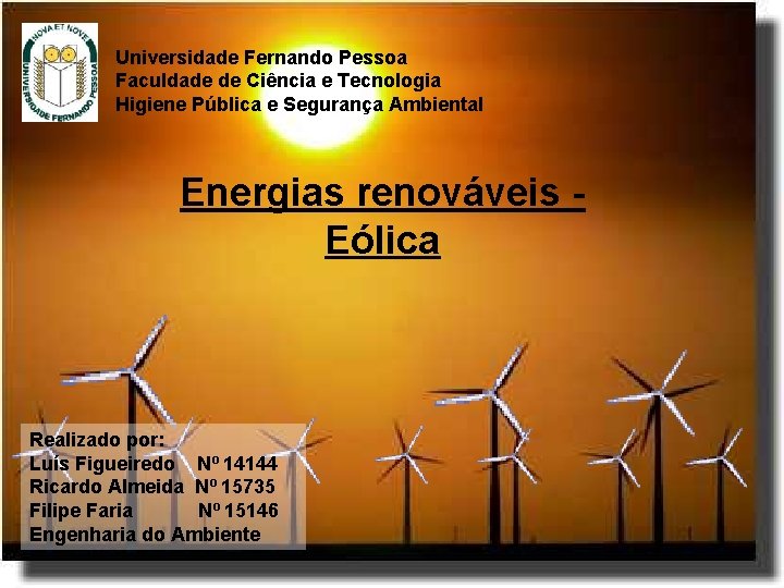Universidade Fernando Pessoa Faculdade de Ciência e Tecnologia Higiene Pública e Segurança Ambiental Energias