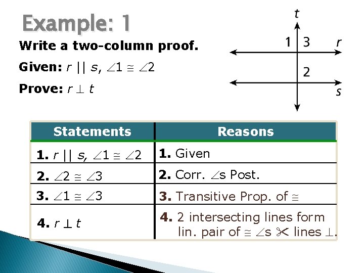 Example: 1 Write a two-column proof. Given: r || s, 1 2 Prove: r