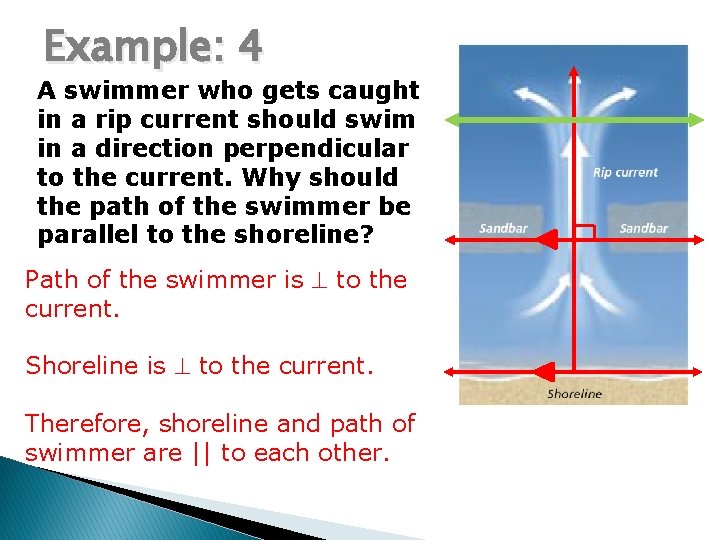 Example: 4 A swimmer who gets caught in a rip current should swim in