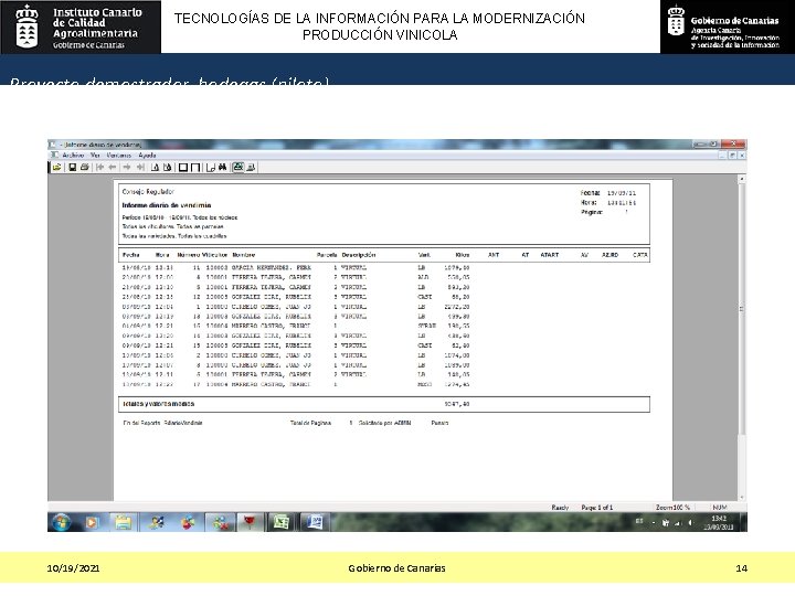 TECNOLOGÍAS DE LA INFORMACIÓN PARA LA MODERNIZACIÓN PRODUCCIÓN VINICOLA Proyecto demostrador bodegas (piloto) 10/19/2021